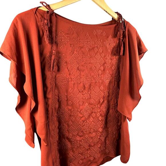 Mossimo Burnt Orange Rust Embroidered Boho Blouse Flutter Dark Fairy Size Medium - Picture 1 of 7